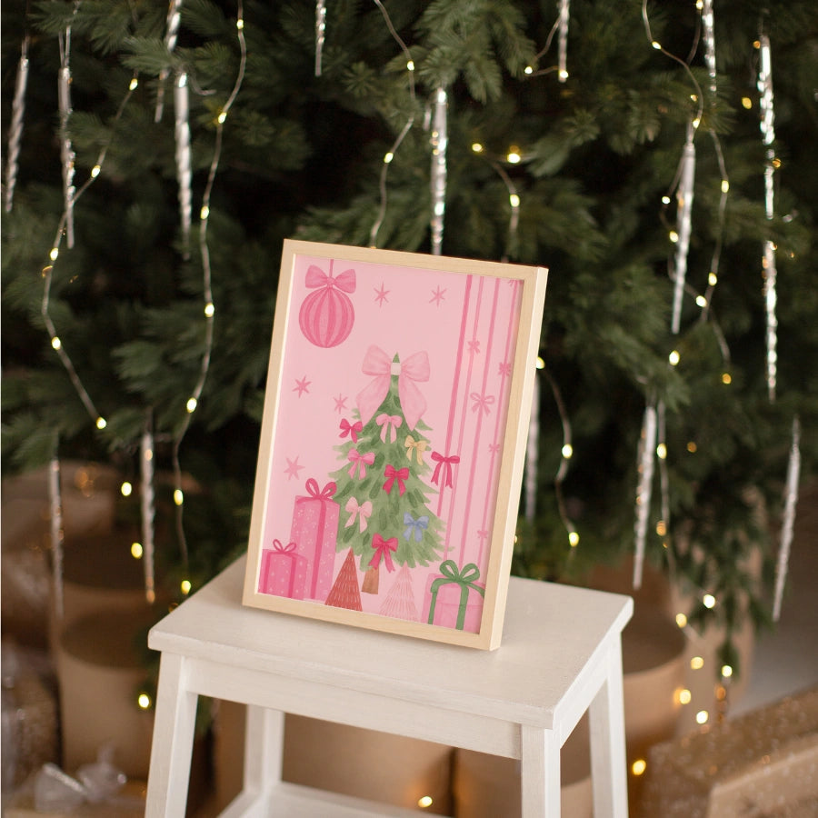 Pink Christmas Tree – Cute Holiday Wall Art with Bows and Gifts
