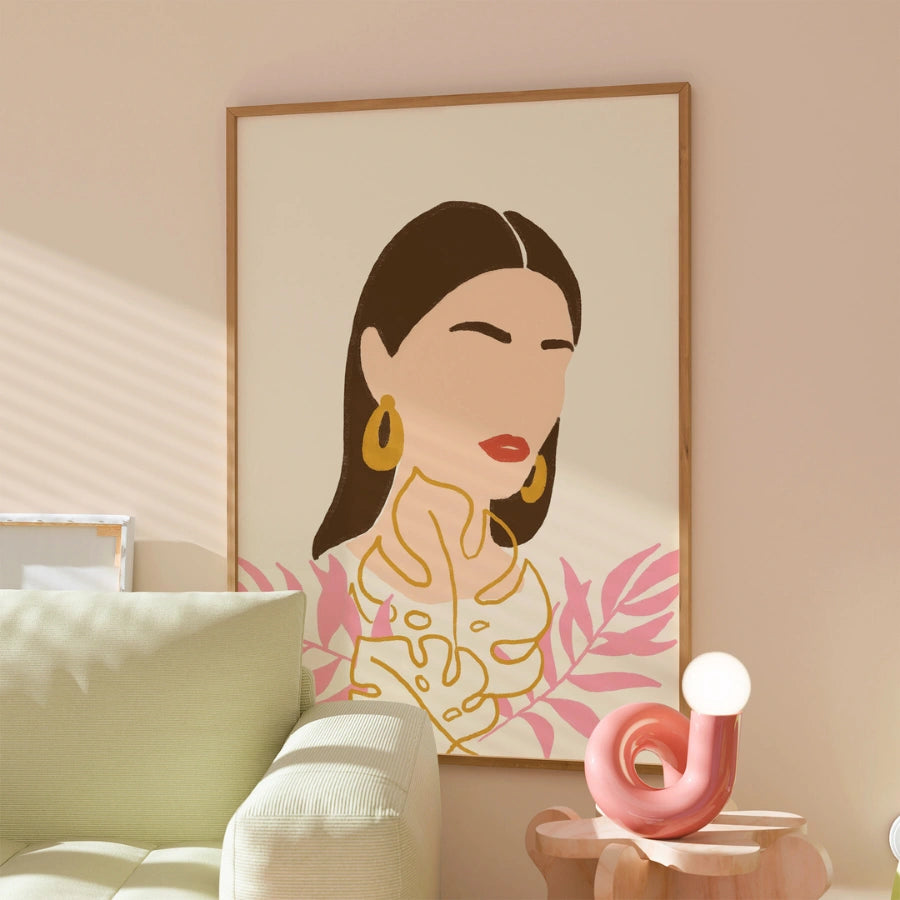 Golden Muse Boho Wall Art – Ritratto botanico femminile 