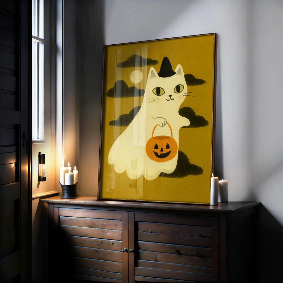 Ghost Cat Halloween Print – Cute Witch Kitty Wall Art