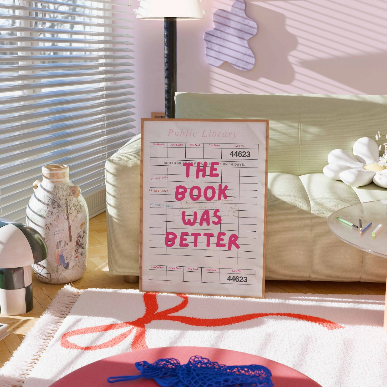 Buch war besser – Druck einer rosa Bibliothekskarte