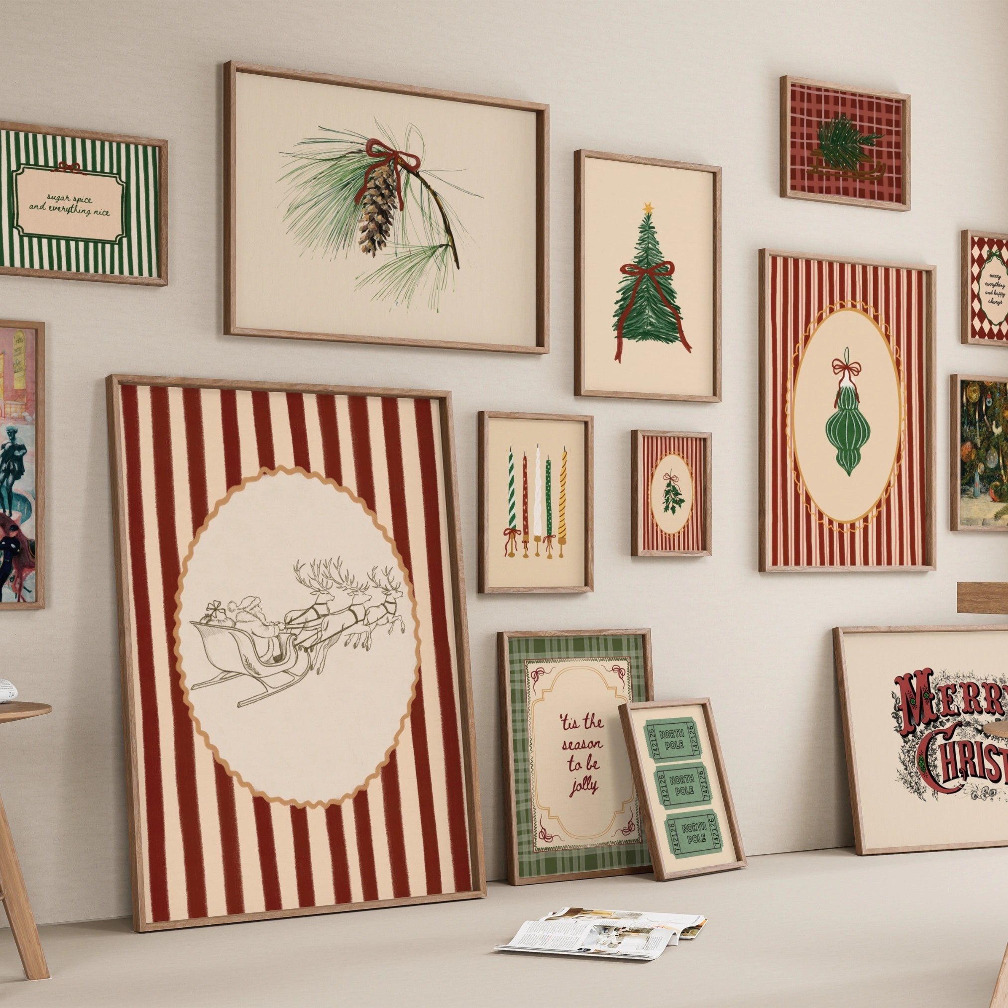 Hand-Drawn Vintage Holiday Set of 16 Prints