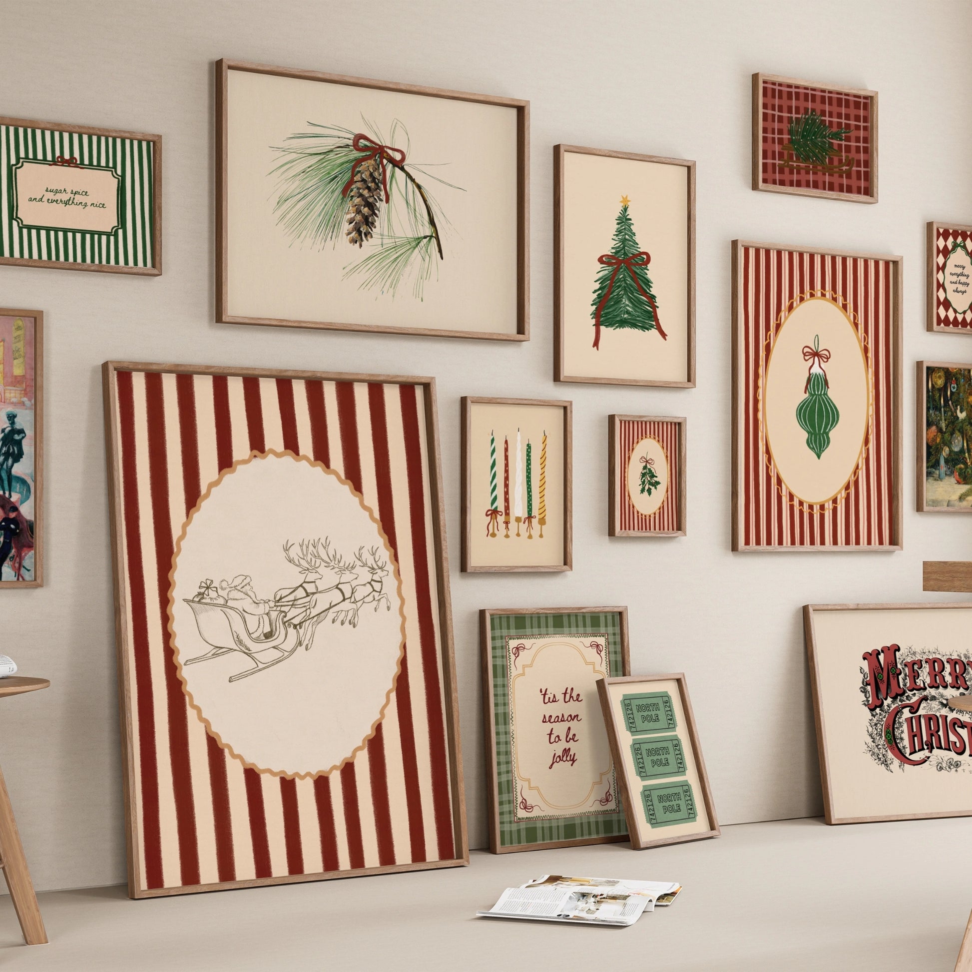 Hand-Drawn Vintage Holiday Set of 16 Prints