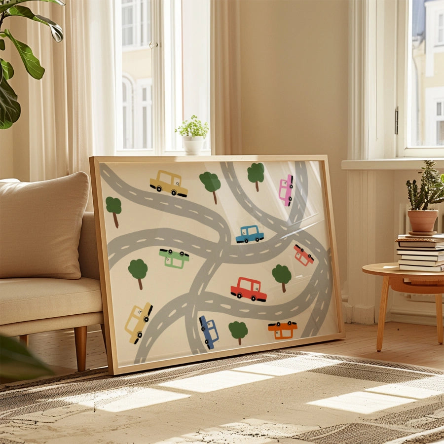 Autos auf der Straße – Niedliches Fahrzeug-Wandbild für Kinder