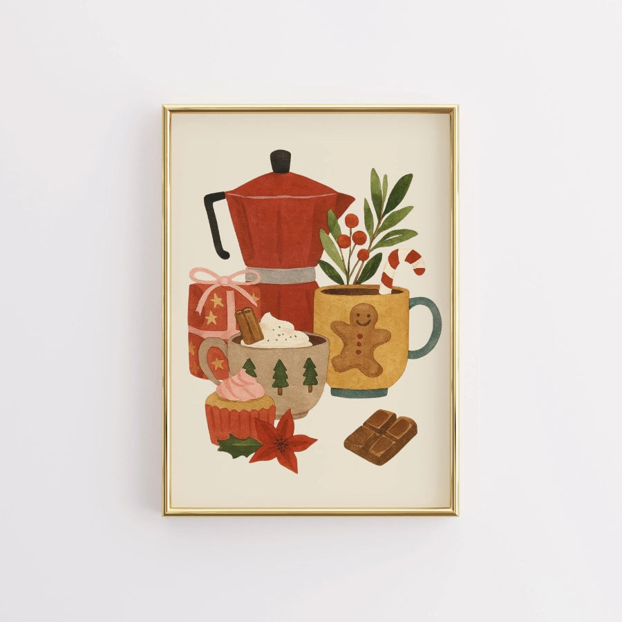 Decorazione murale natalizia per bar e caffè – Stampa disegnata a mano per la cucina delle feste