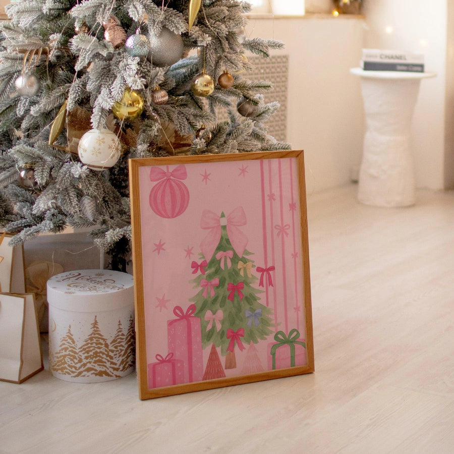 Pink Christmas Tree – Cute Holiday Wall Art with Bows and Gifts