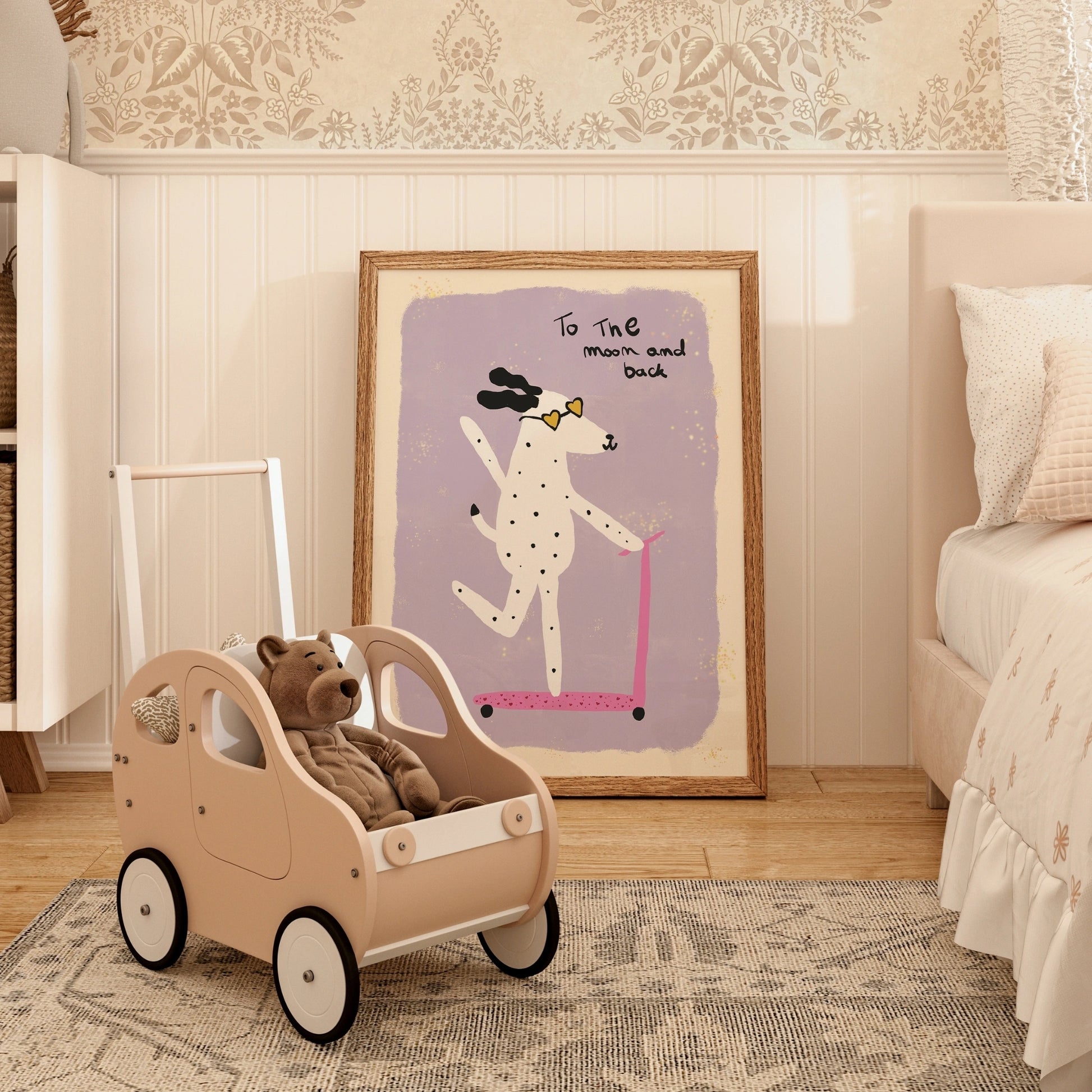 To the Moon Dog Print – Cute Scooter Wall Art for Kids