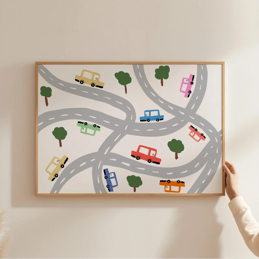 Autos auf der Straße – Niedliches Fahrzeug-Wandbild für Kinder