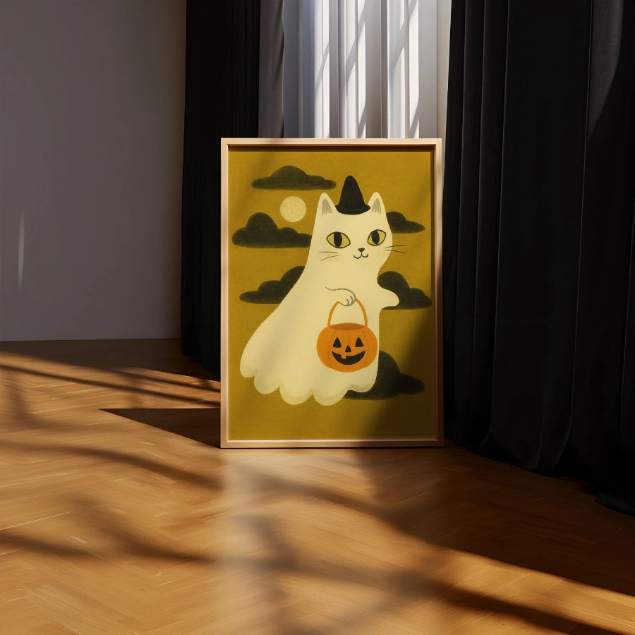 Ghost Cat Halloween Print – Cute Witch Kitty Wall Art