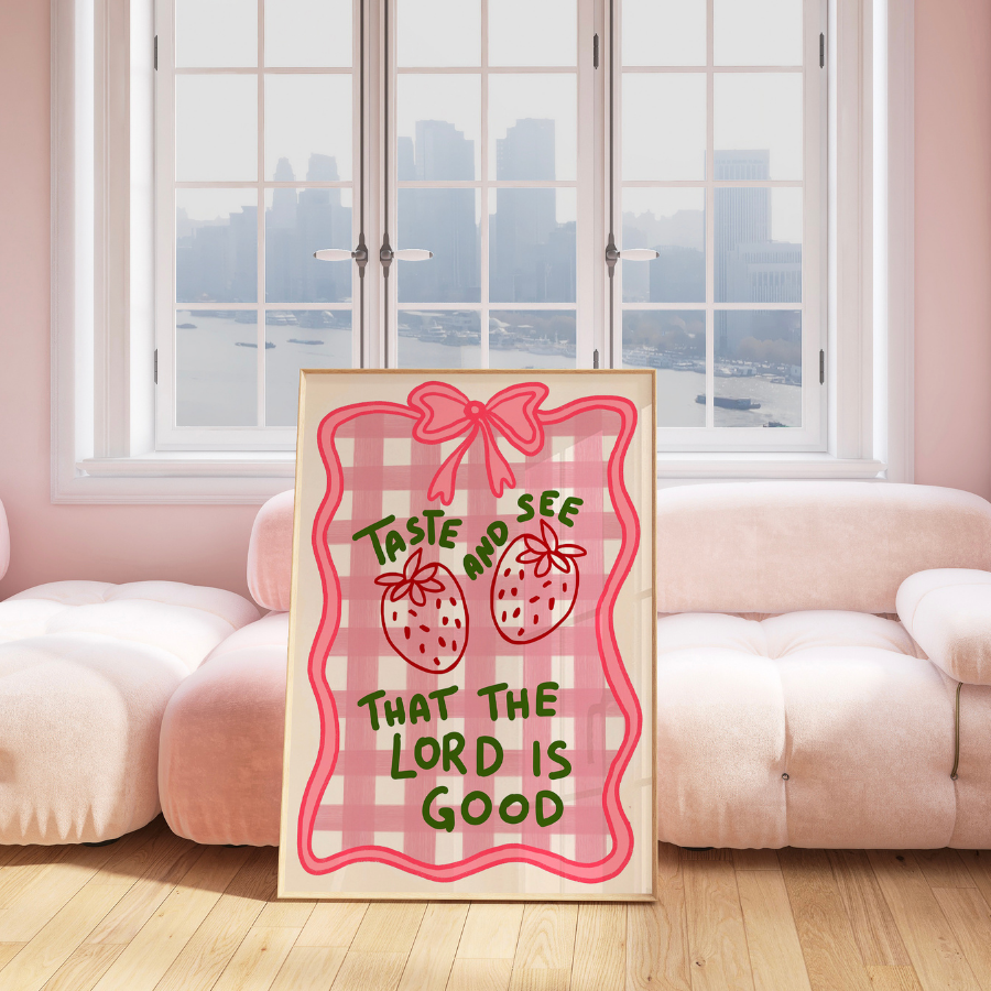 Taste and See Christian Wall Art – Cute Strawberry Bible Verse Print