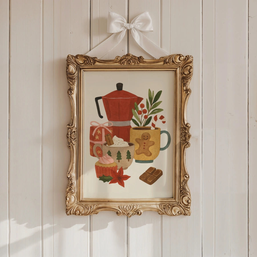 Decorazione murale natalizia per bar e caffè – Stampa disegnata a mano per la cucina delle feste