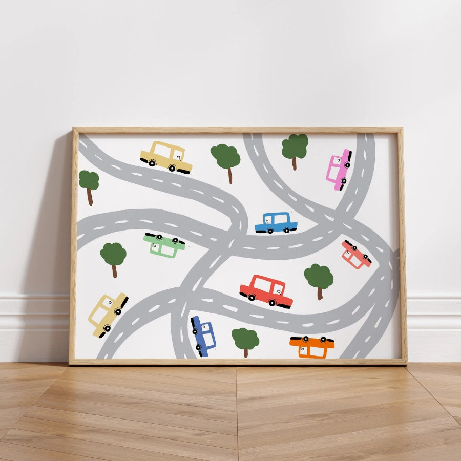 Autos auf der Straße – Niedliches Fahrzeug-Wandbild für Kinder