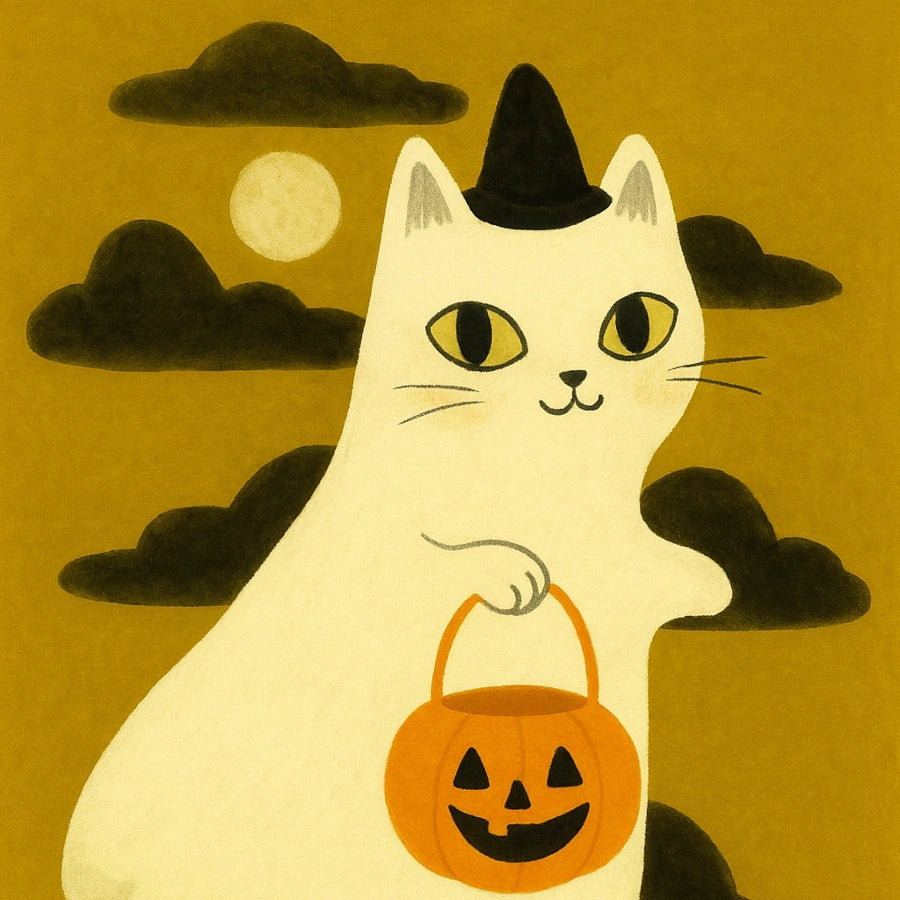 Ghost Cat Halloween Print – Cute Witch Kitty Wall Art