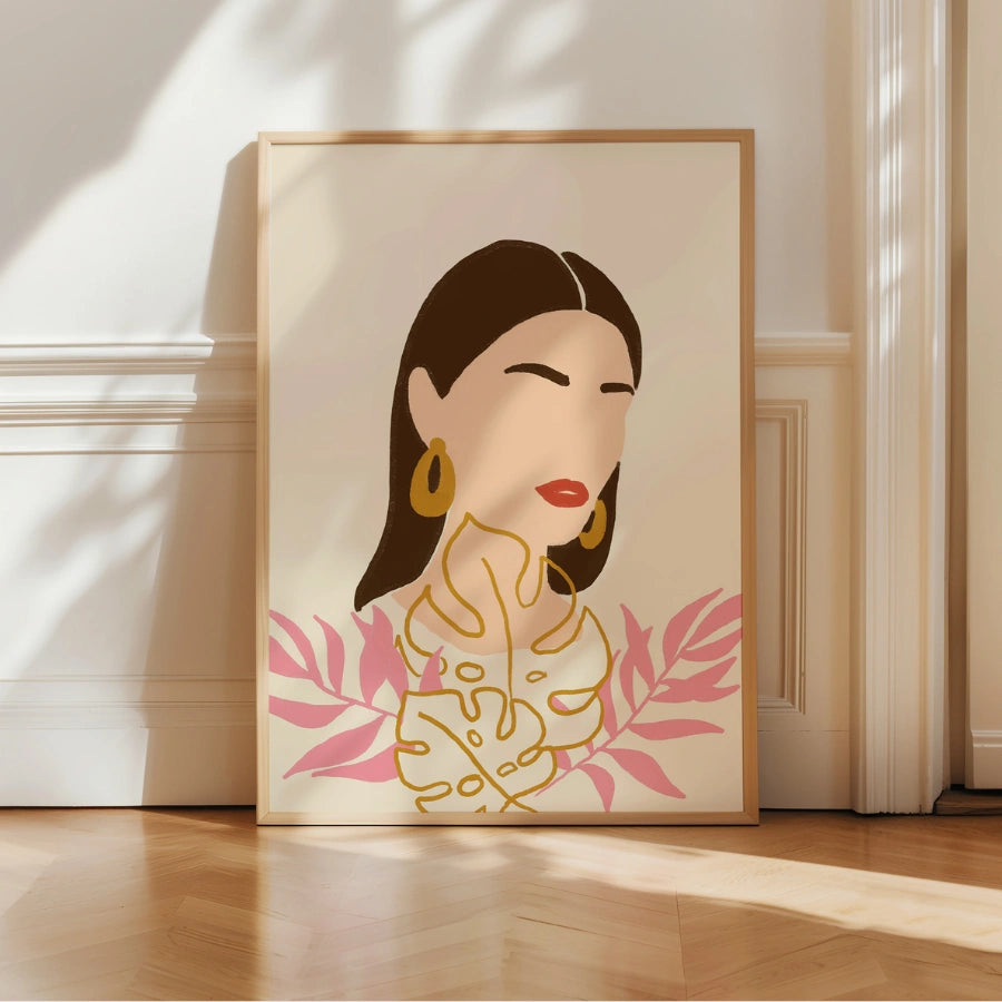 Golden Muse Boho Wall Art – Ritratto botanico femminile 