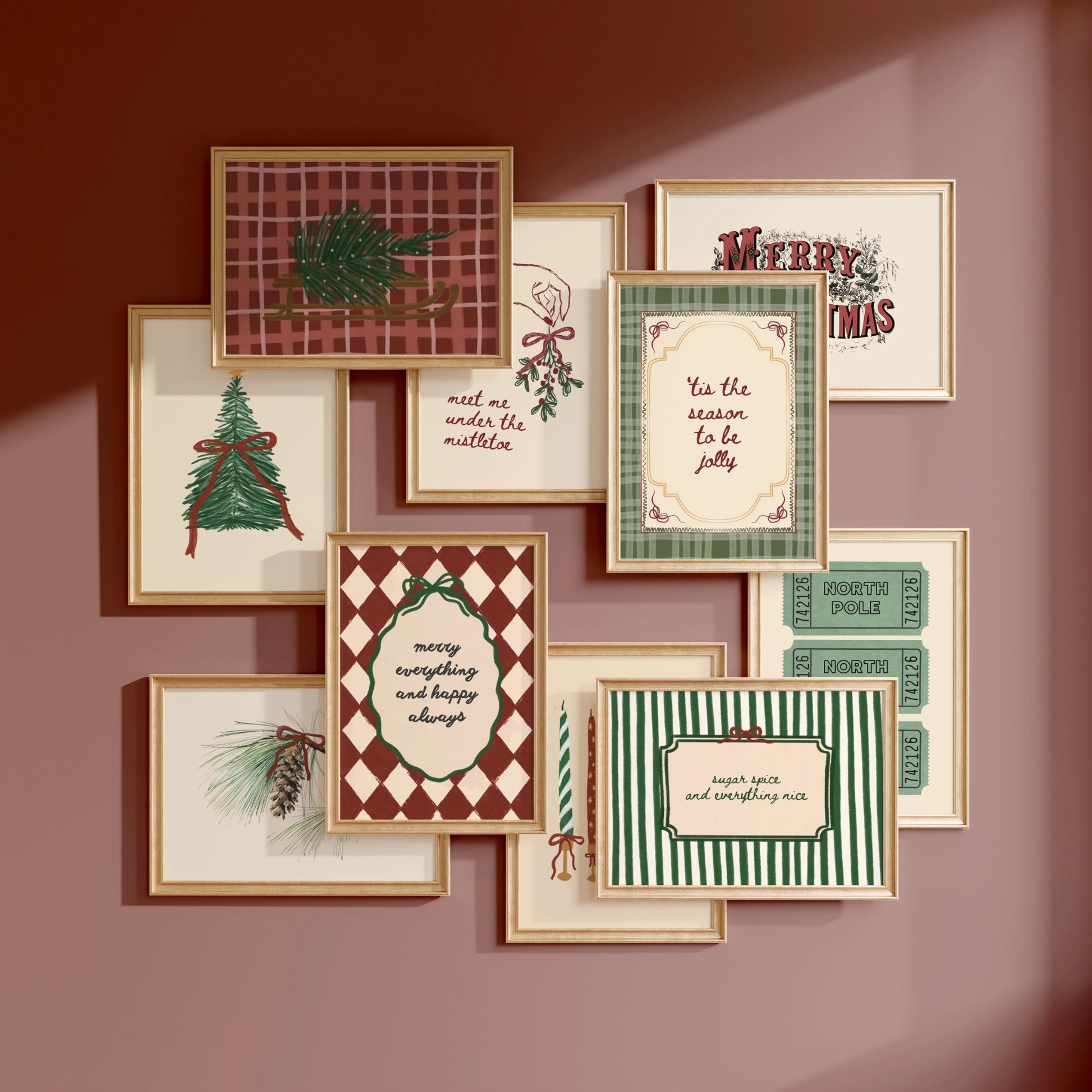Hand-Drawn Vintage Holiday Set of 16 Prints