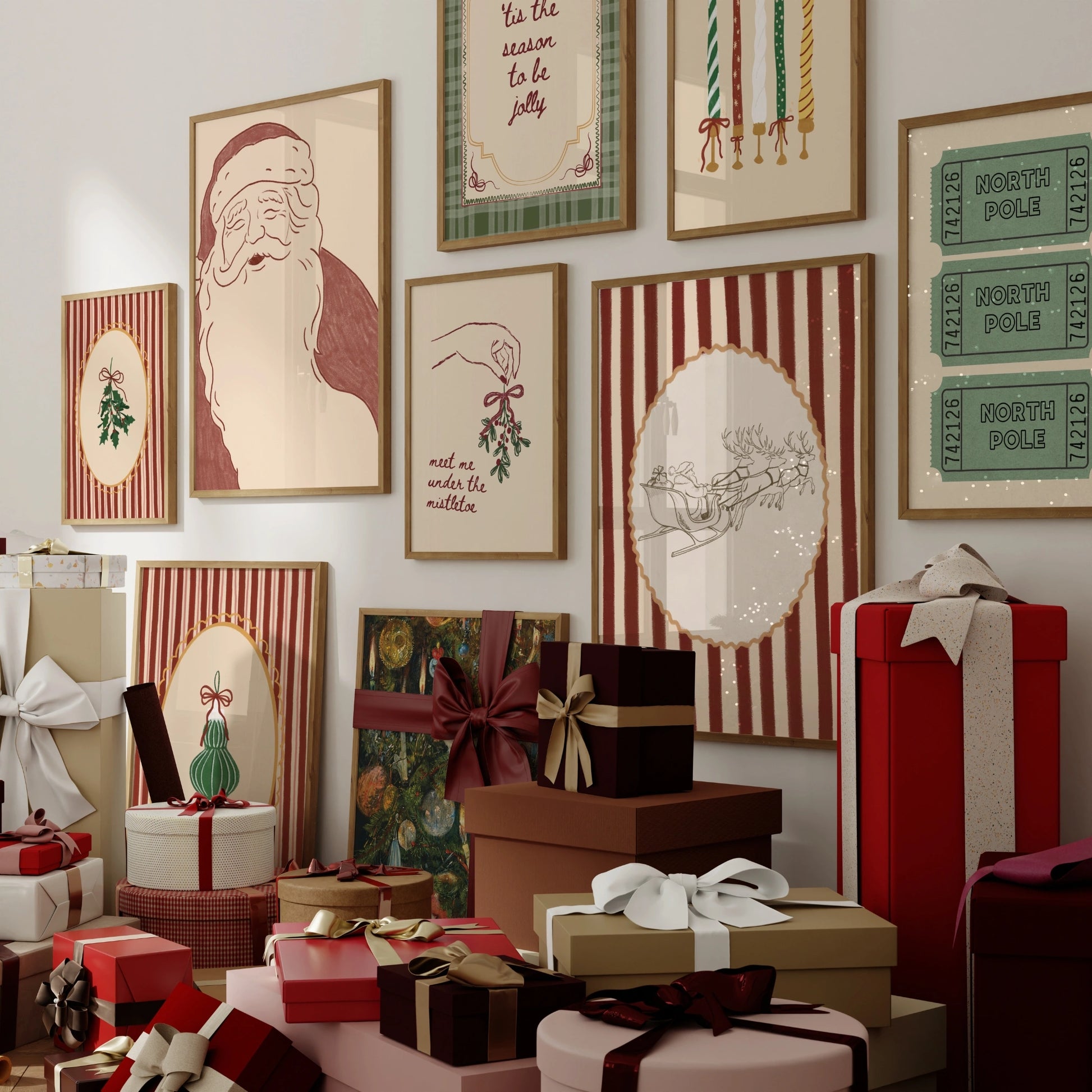 Hand-Drawn Vintage Holiday Set of 16 Prints