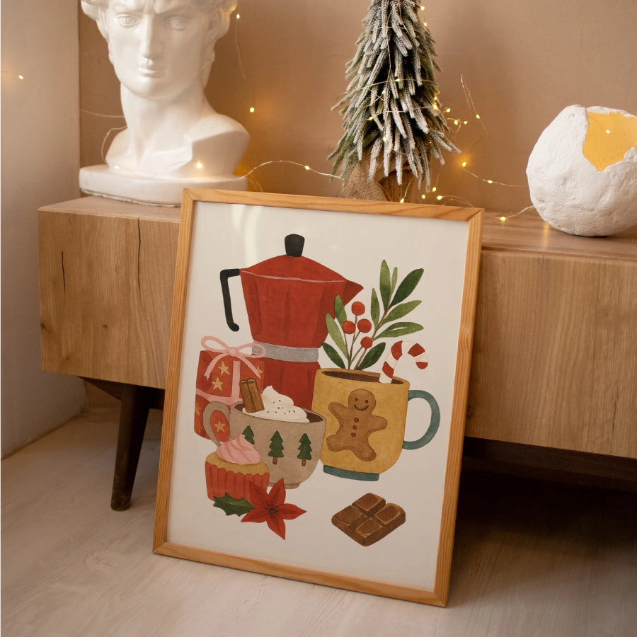Decorazione murale natalizia per bar e caffè – Stampa disegnata a mano per la cucina delle feste