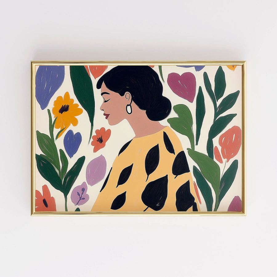Arte murale colorata con donna boho – Stampa floreale con ritratto femminile 