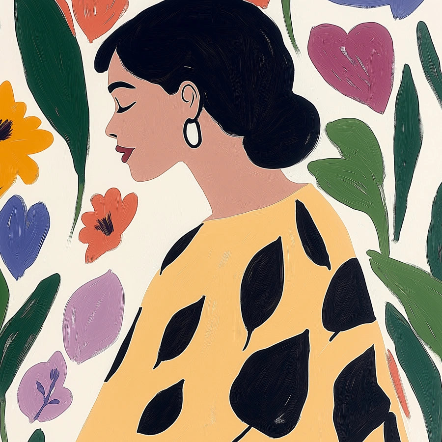 Arte murale colorata con donna boho – Stampa floreale con ritratto femminile 