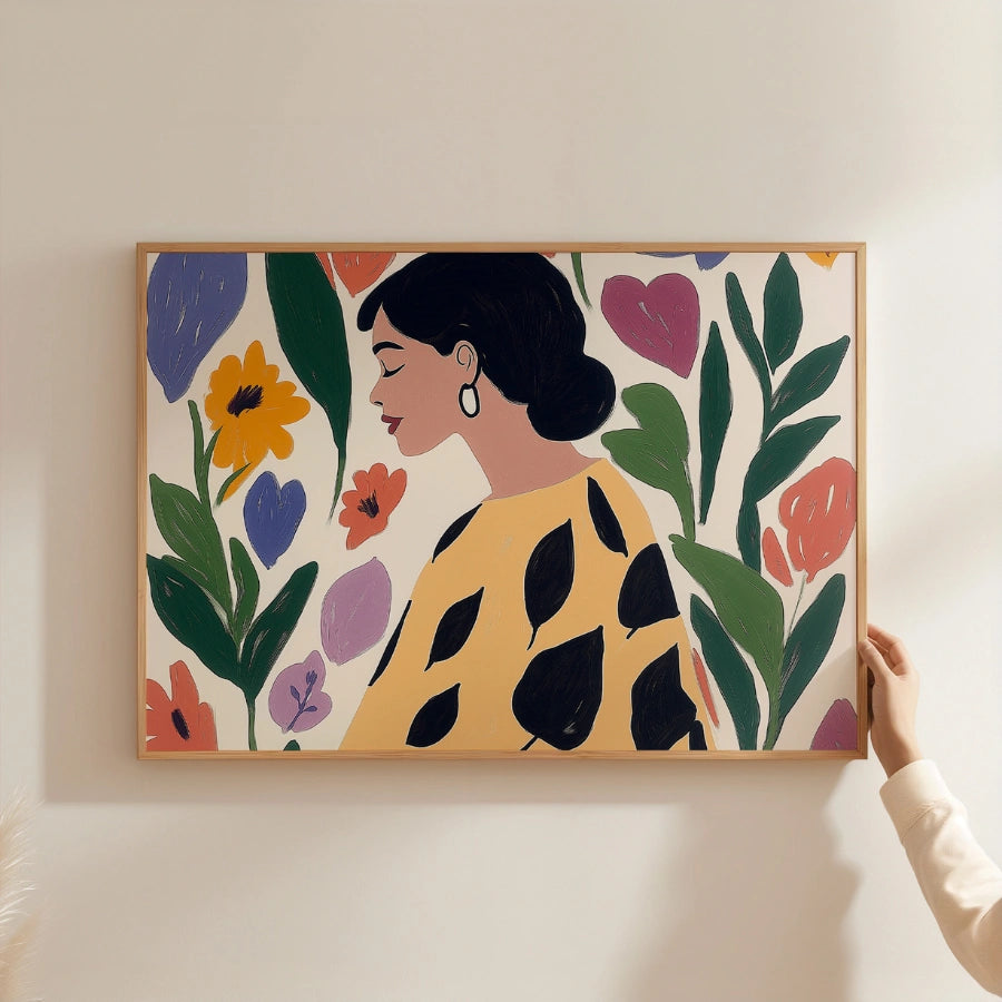 Arte murale colorata con donna boho – Stampa floreale con ritratto femminile 