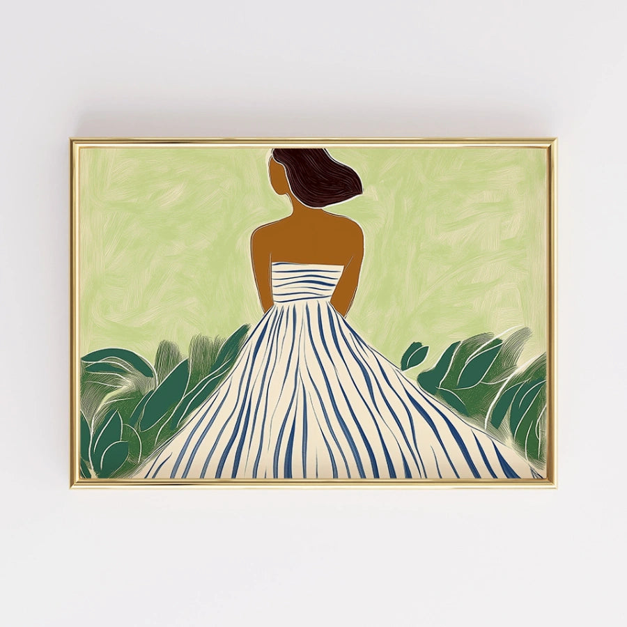 Elegante donna in abito a righe, stampa murale – Moderna stampa boho femminile 