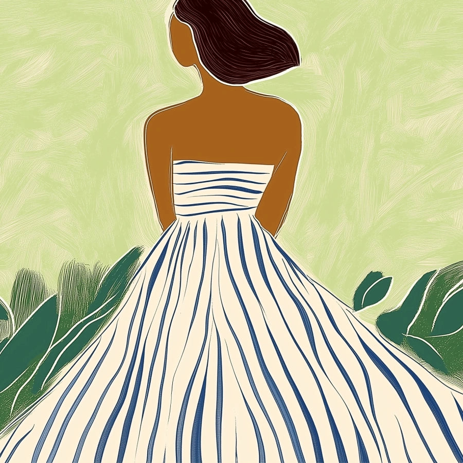 Elegante donna in abito a righe, stampa murale – Moderna stampa boho femminile 