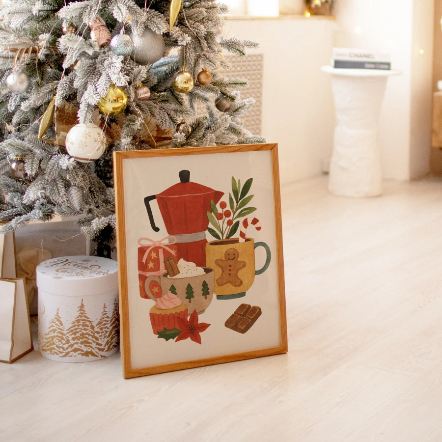 Decorazione murale natalizia per bar e caffè – Stampa disegnata a mano per la cucina delle feste