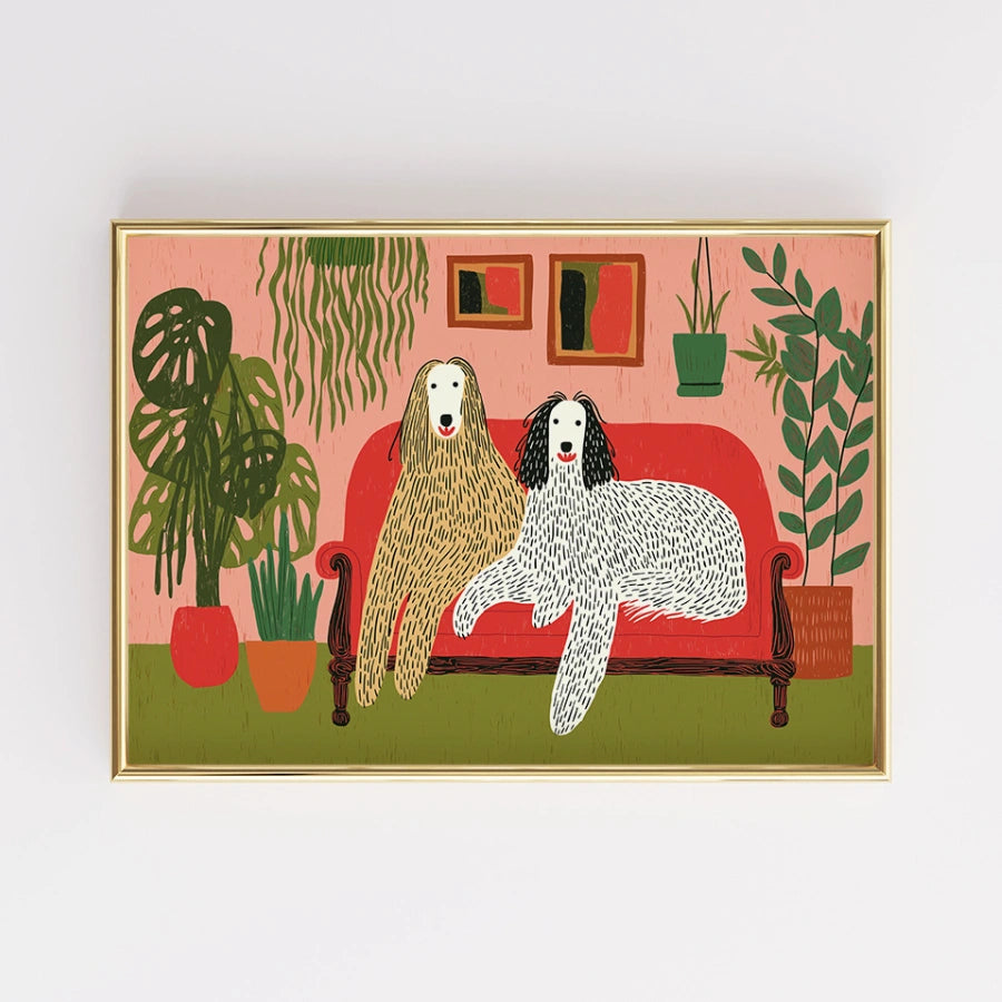 Boho Dogs on Couch Wall Art – Colorful Dog Print with Plants