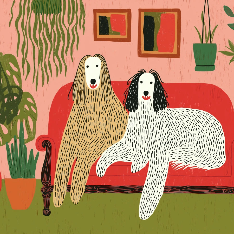 Boho Dogs on Couch Wall Art – Colorful Dog Print with Plants