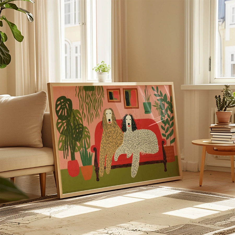 Boho Dogs on Couch Wall Art – Colorful Dog Print with Plants