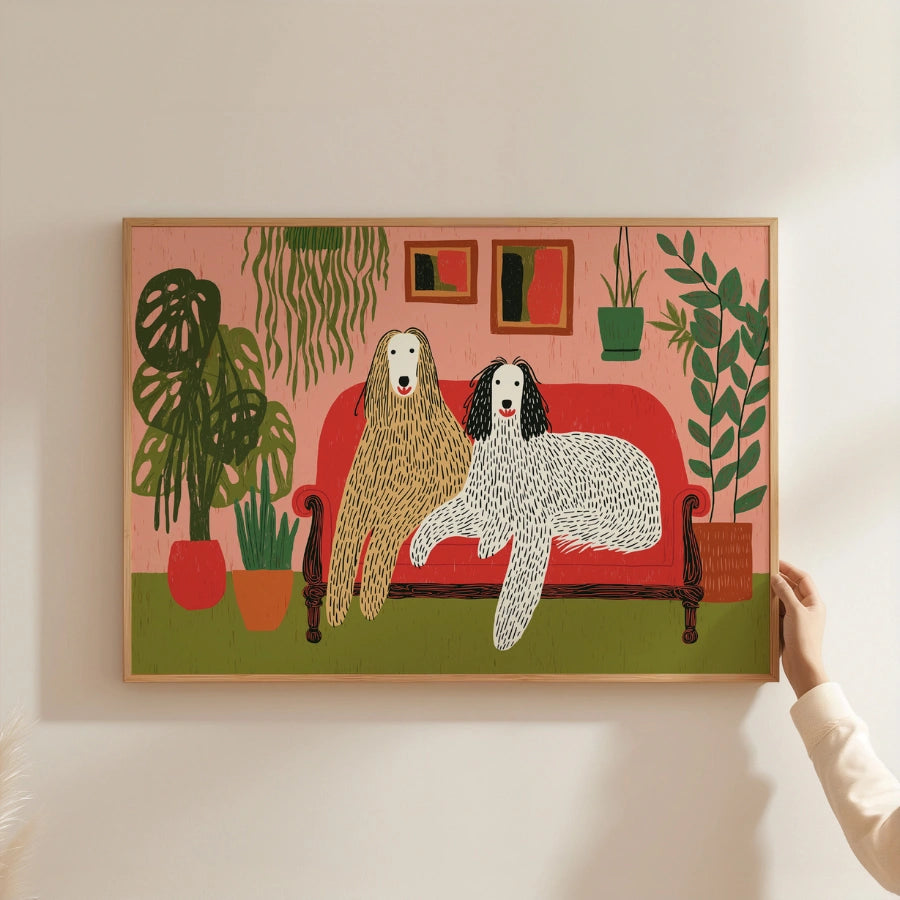 Boho Dogs on Couch Wall Art – Colorful Dog Print with Plants