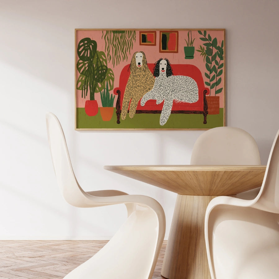 Boho Dogs on Couch Wall Art – Colorful Dog Print with Plants