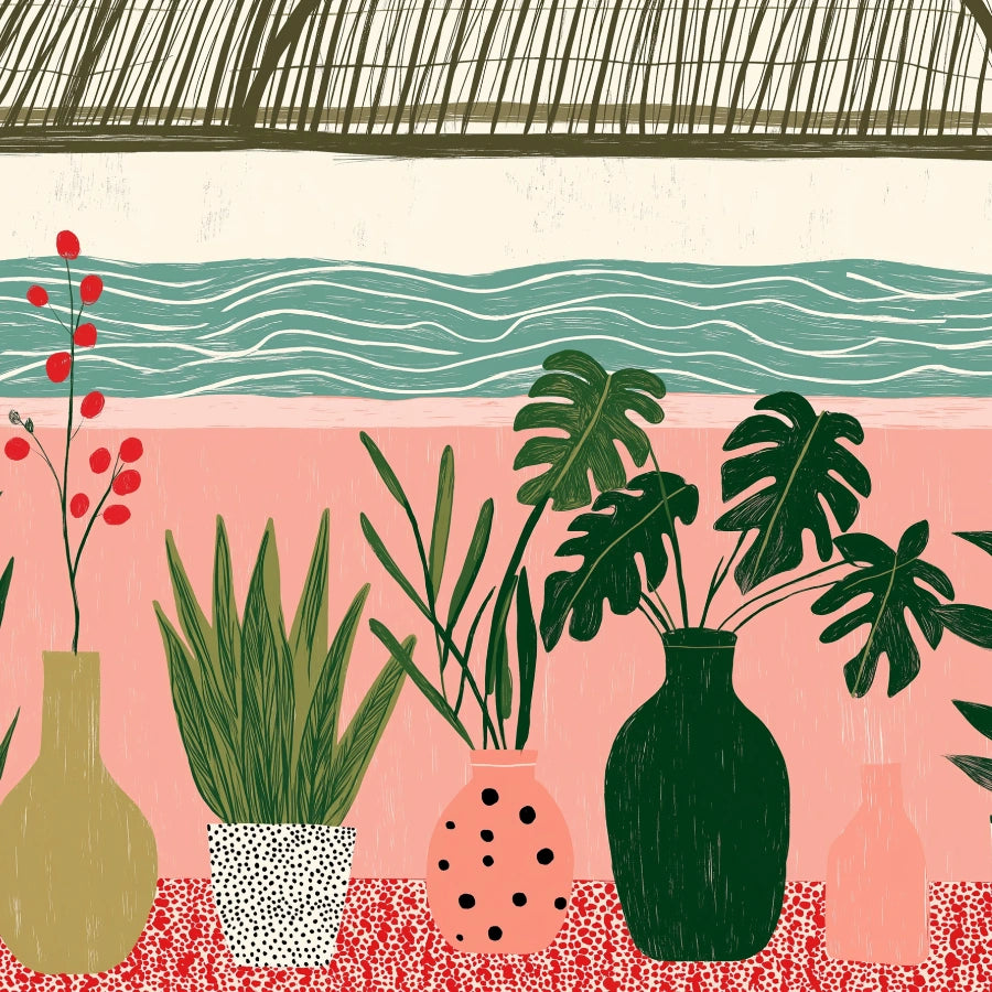 Boho Plant Wall Art – Colorful Botanical Print with Ocean View