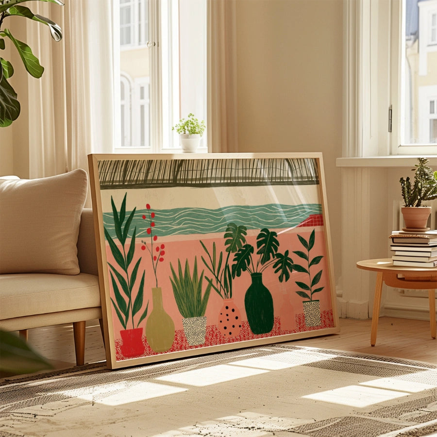 Boho Plant Wall Art – Colorful Botanical Print with Ocean View