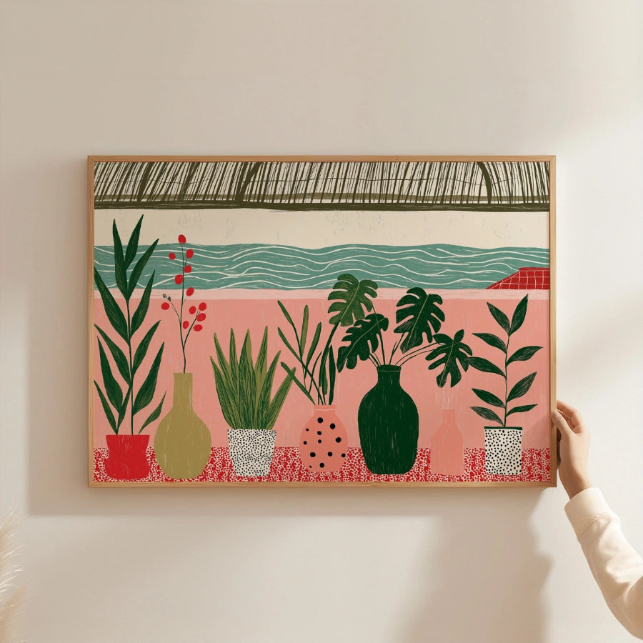 Boho Plant Wall Art – Colorful Botanical Print with Ocean View