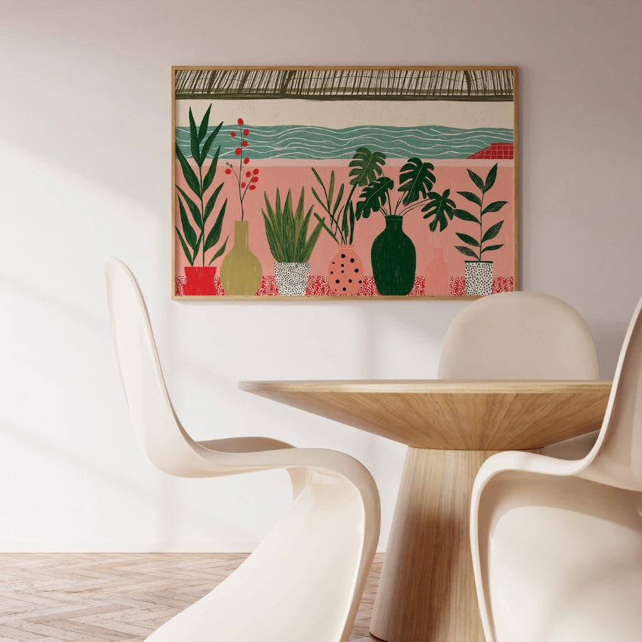 Boho Plant Wall Art – Colorful Botanical Print with Ocean View