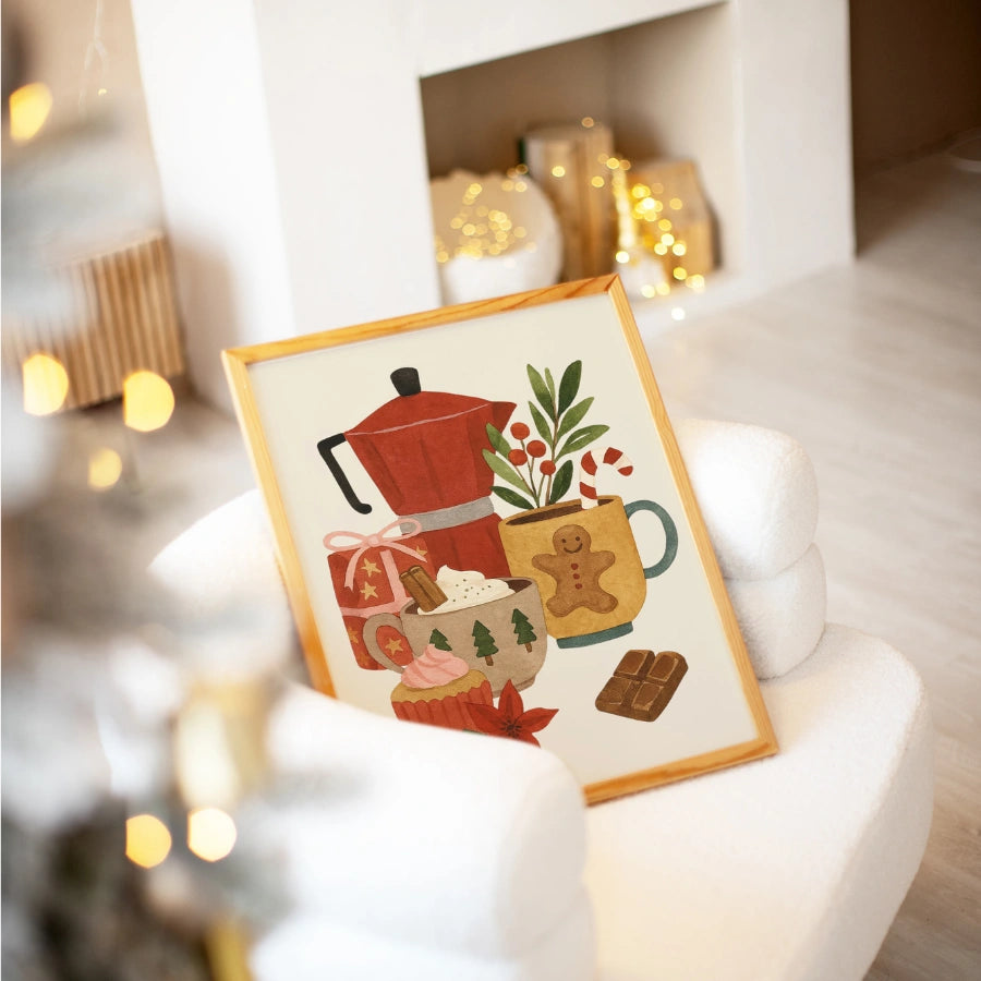 Decorazione murale natalizia per bar e caffè – Stampa disegnata a mano per la cucina delle feste