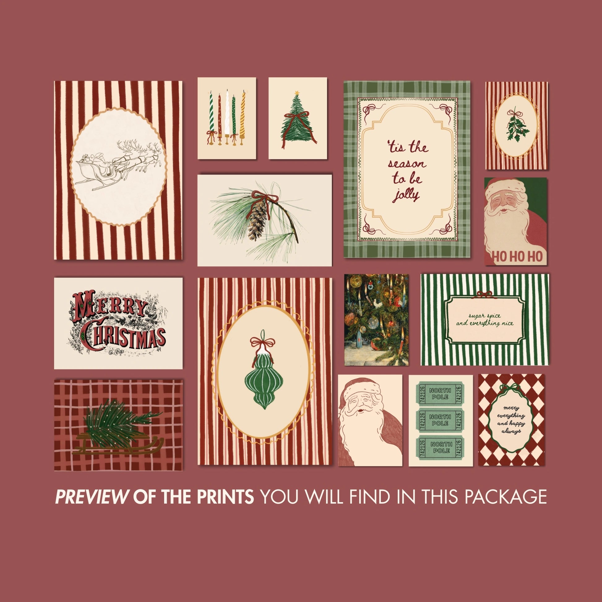 Hand-Drawn Vintage Holiday Set of 16 Prints