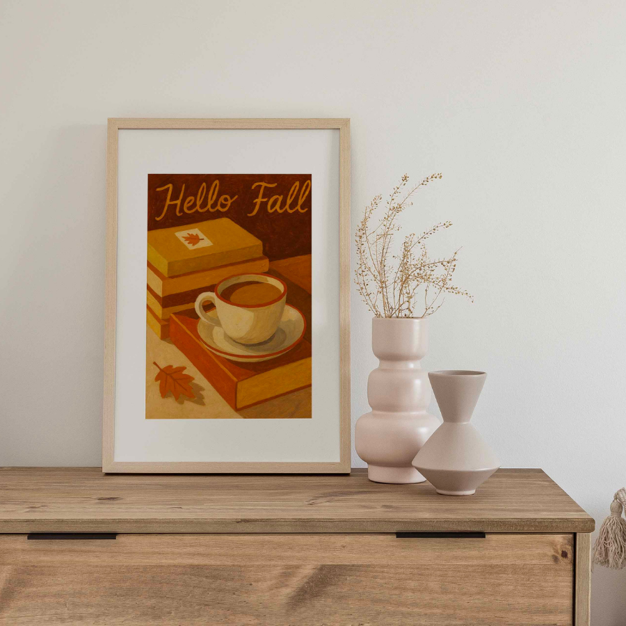 Hello Fall Wall Art – Cozy Autumn Coffee Print