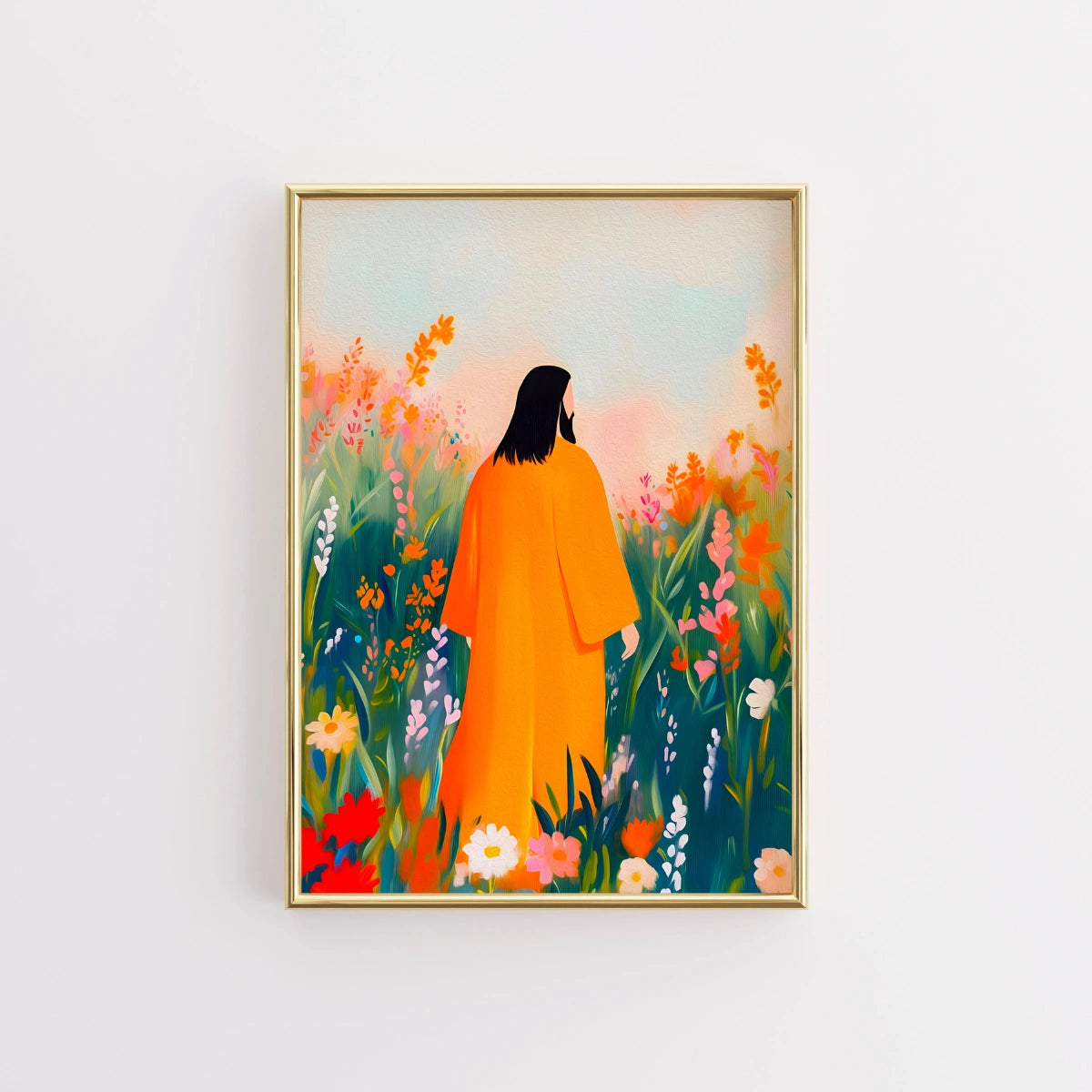 Jesus in Flower Field Wall Art – Peaceful Christian Print