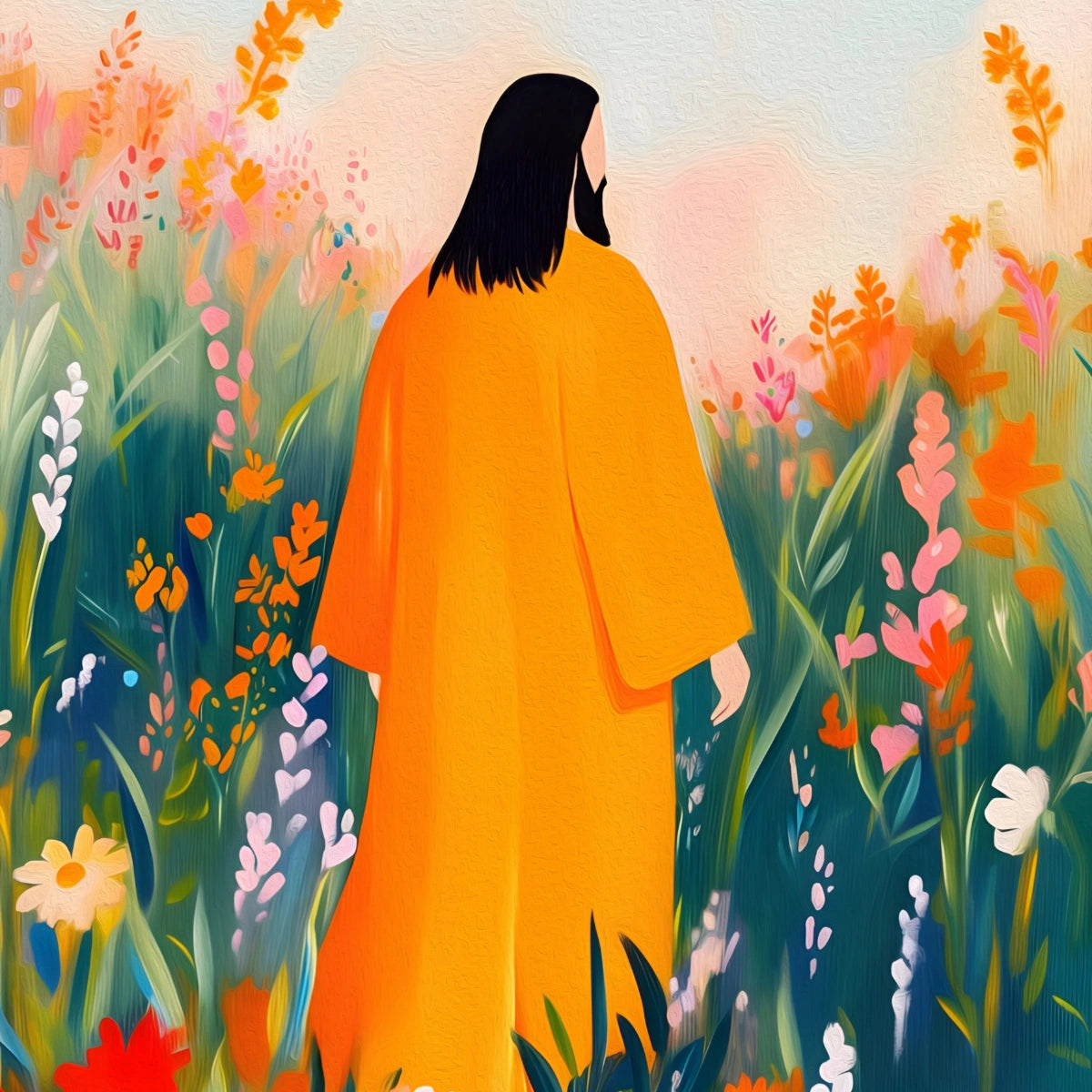 Jesus in Flower Field Wall Art – Peaceful Christian Print