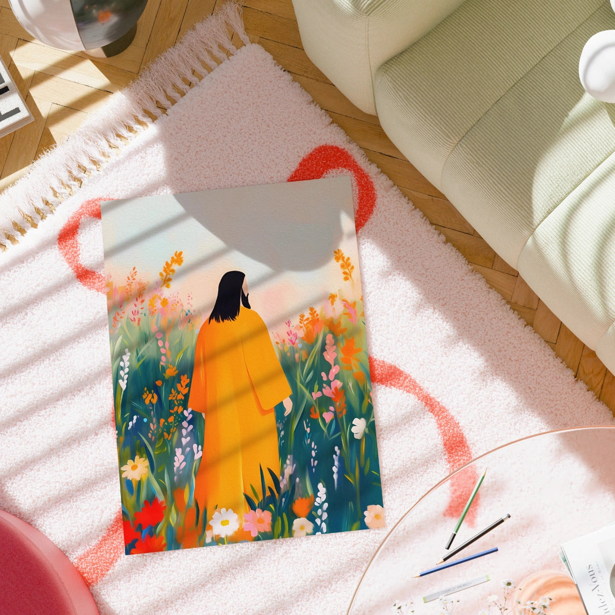 Jesus in Flower Field Wall Art – Peaceful Christian Print