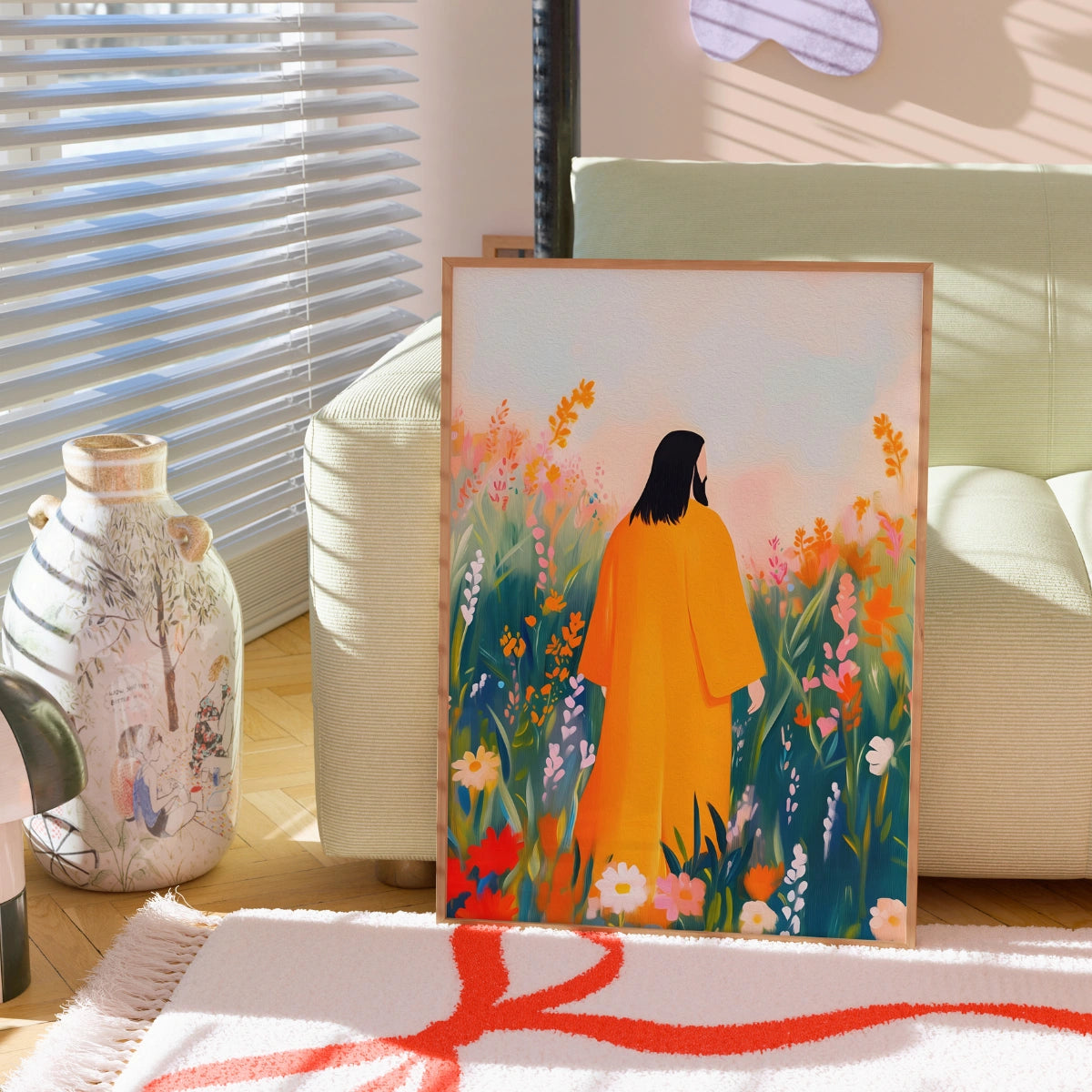 Jesus in Flower Field Wall Art – Peaceful Christian Print