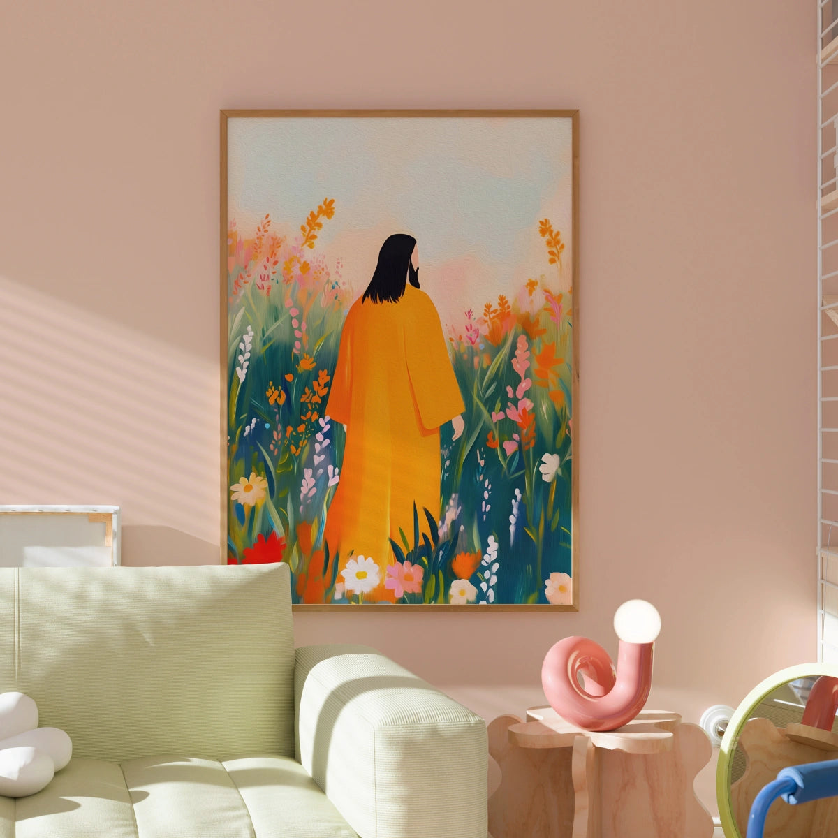 Jesus in Flower Field Wall Art – Peaceful Christian Print