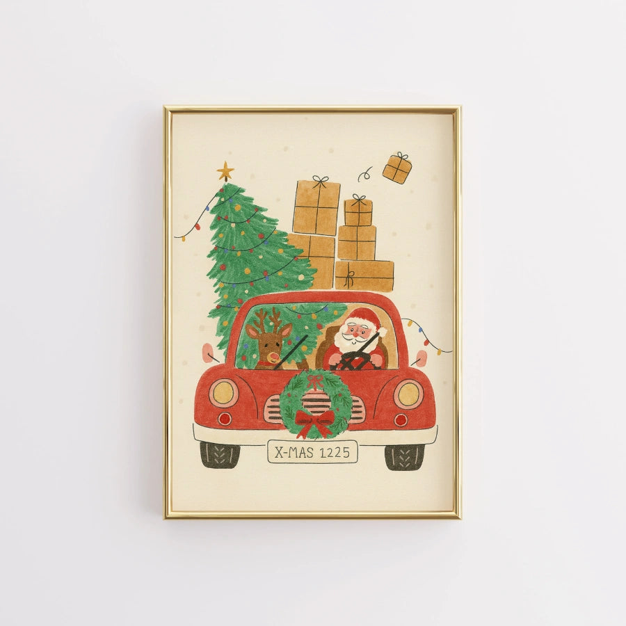Santa Driving Wall Art – Christmas Car with Tree and Gifts Print