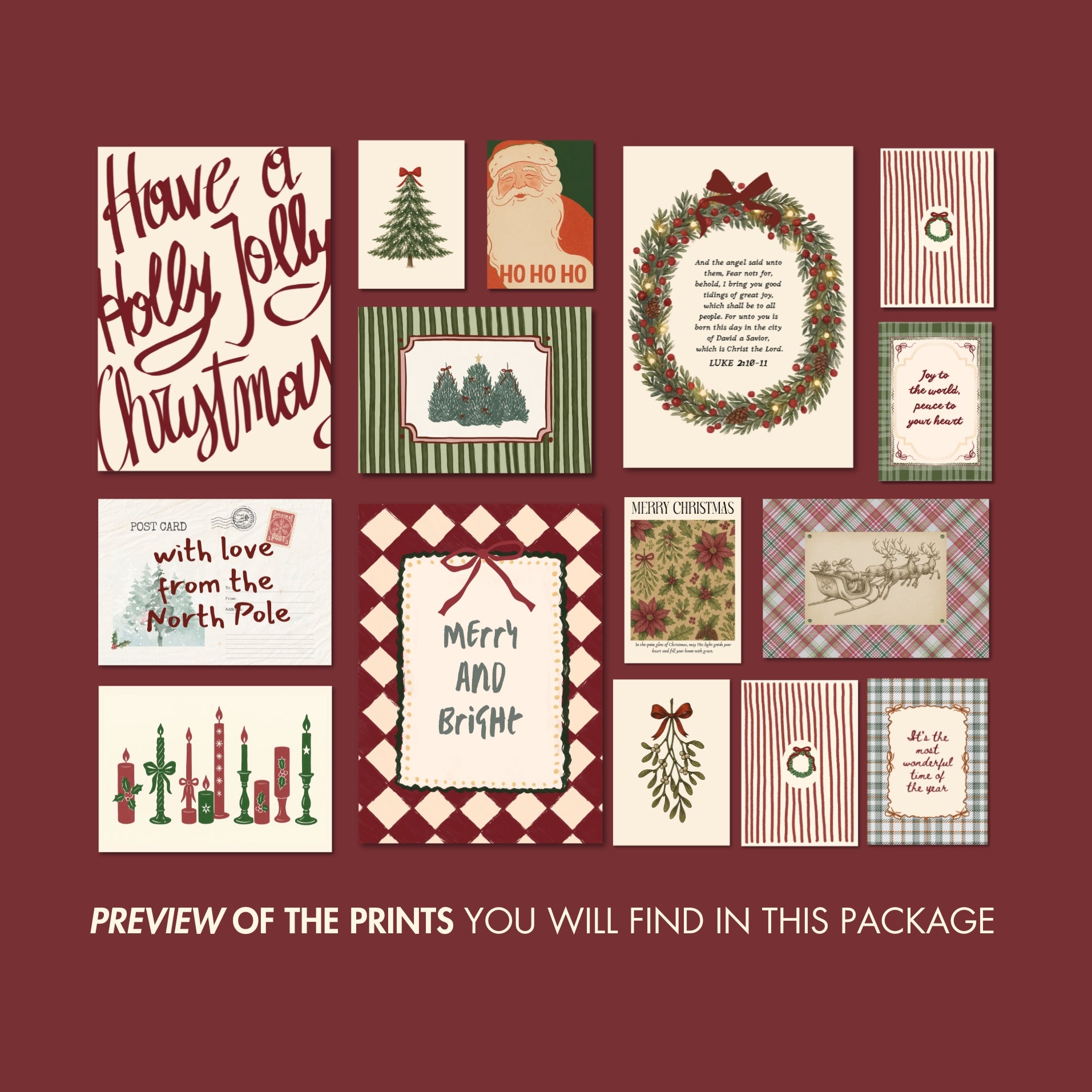 Hand-Drawn Vintage Holiday Set of 16 Prints