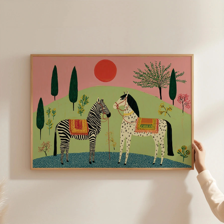 Boho-Wandbild mit Zebra und Pferd – Farbenfroher Tierdruck im Bohème-Stil 