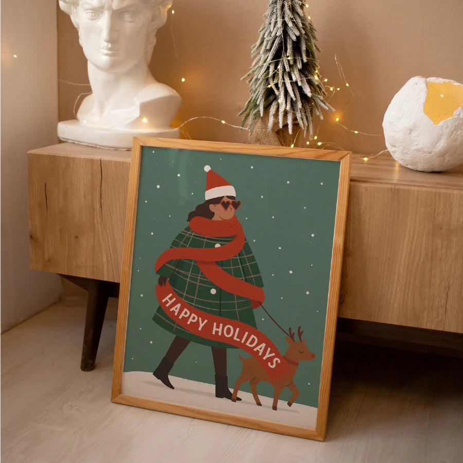 Happy Holidays Wall Art – Trendy Christmas Woman Print