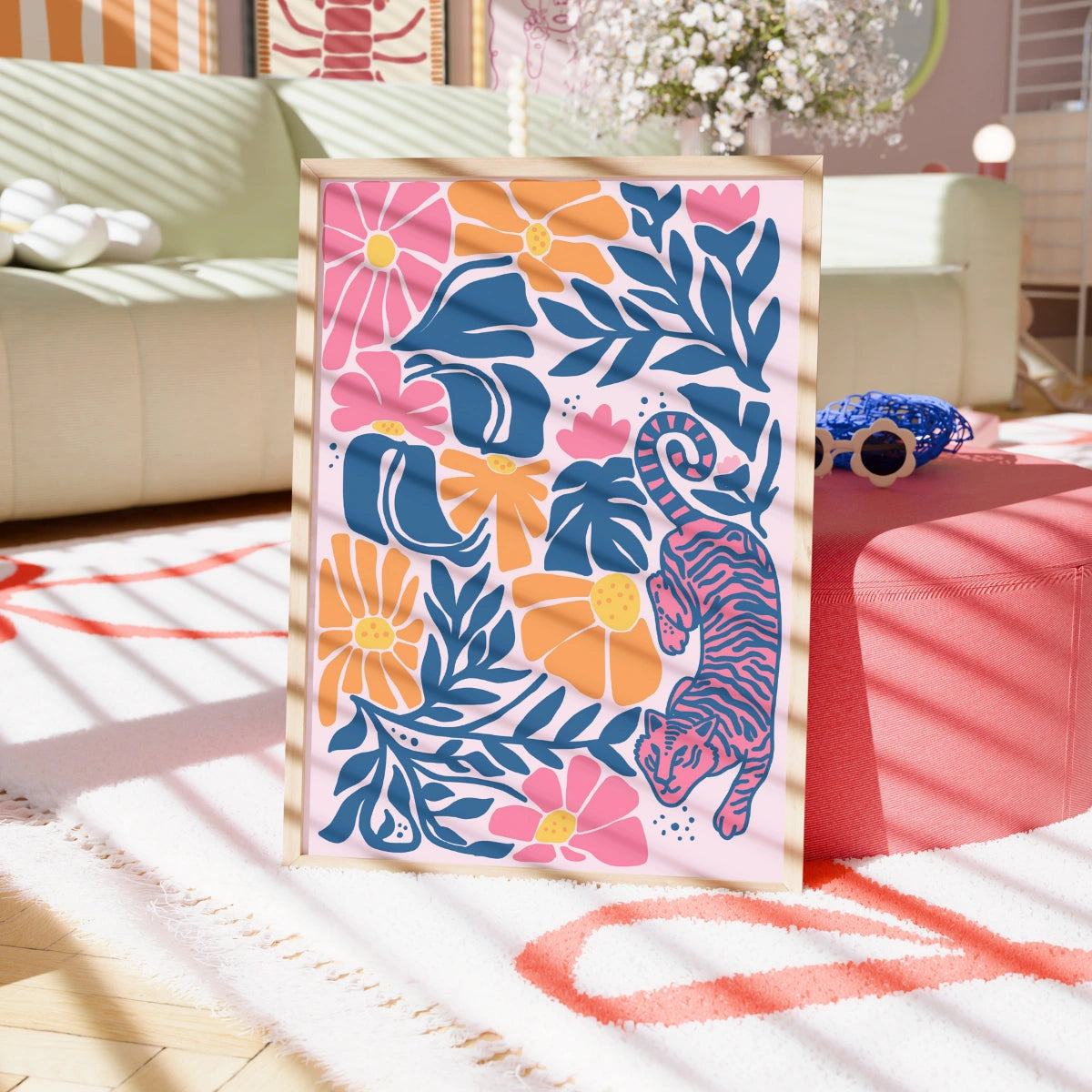 Floral Tiger Print – Bold Jungle Wall Art in Pink and Orange