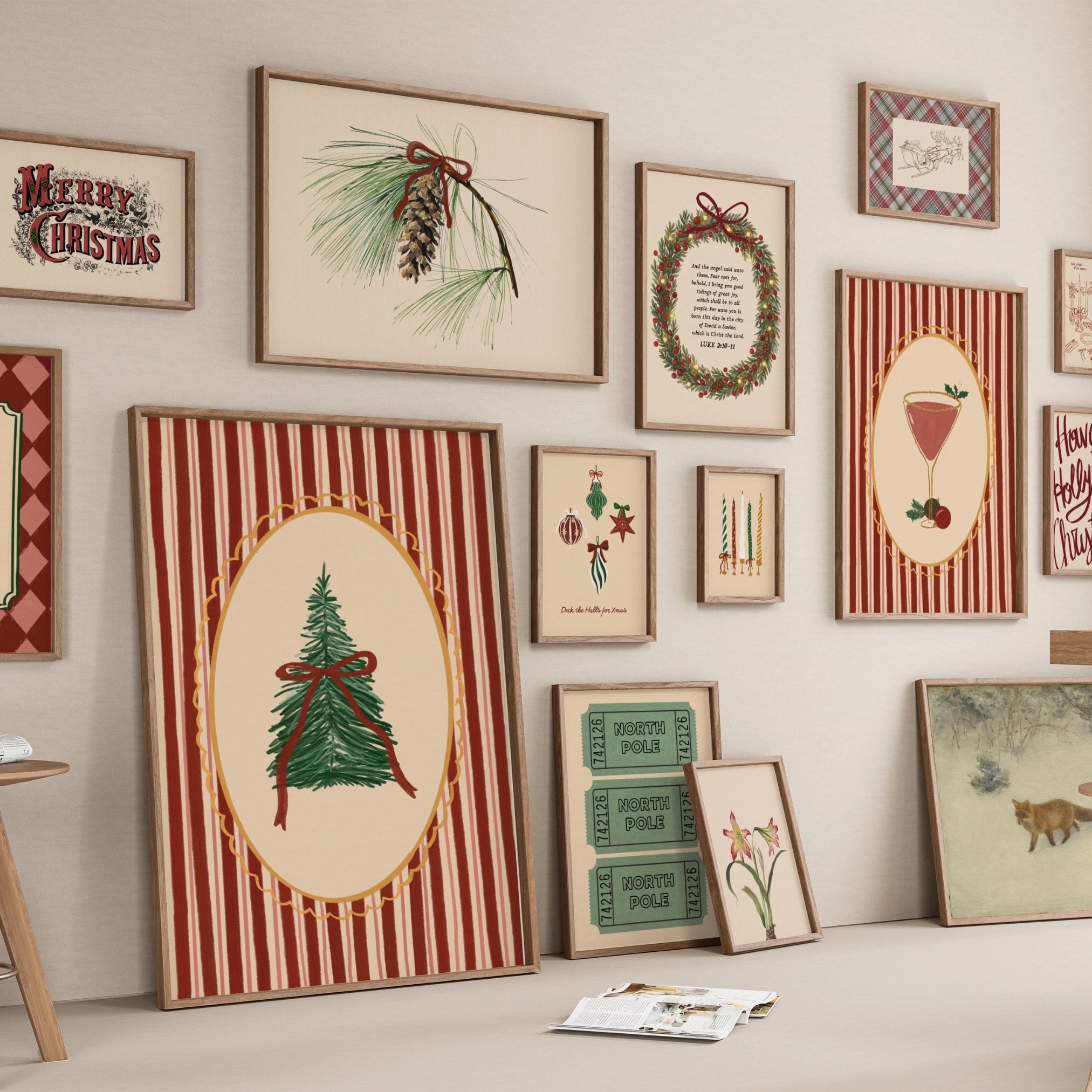 Hand-Drawn Vintage Holiday Set of 16 Prints