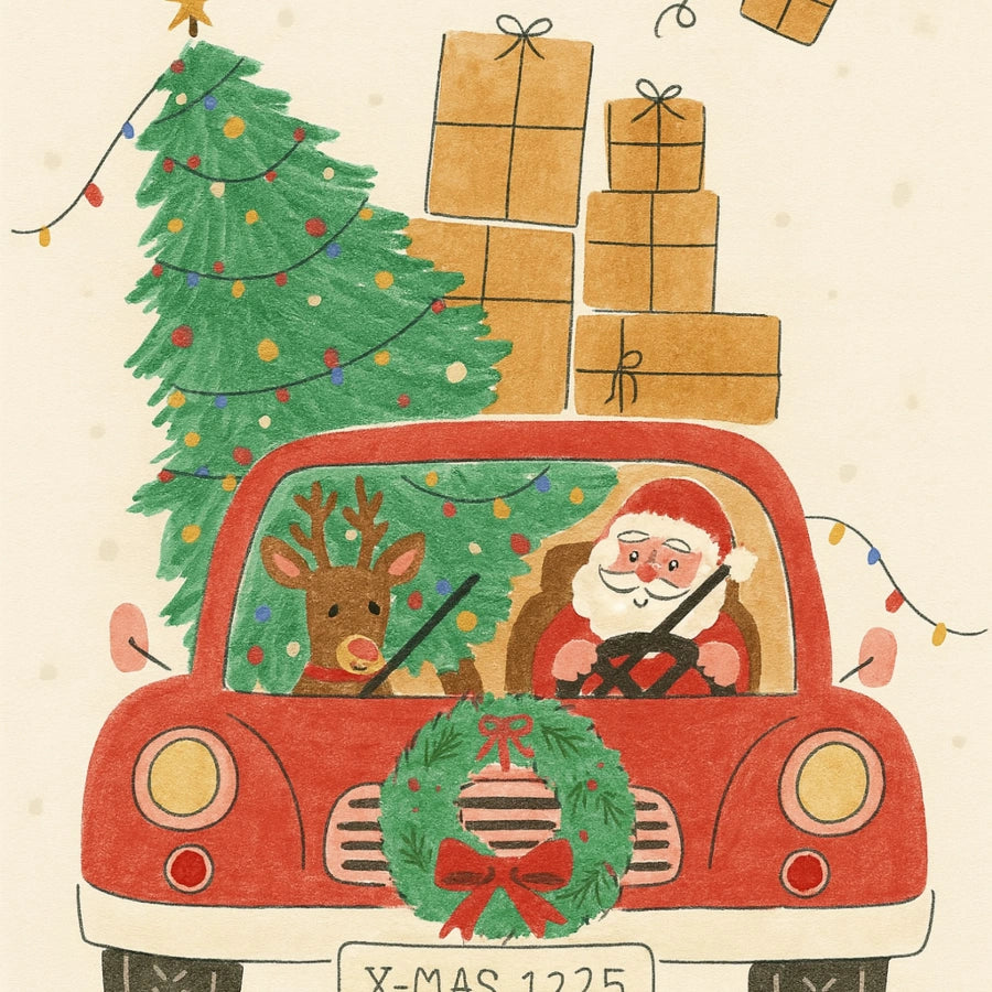 Santa Driving Wall Art – Christmas Car with Tree and Gifts Print